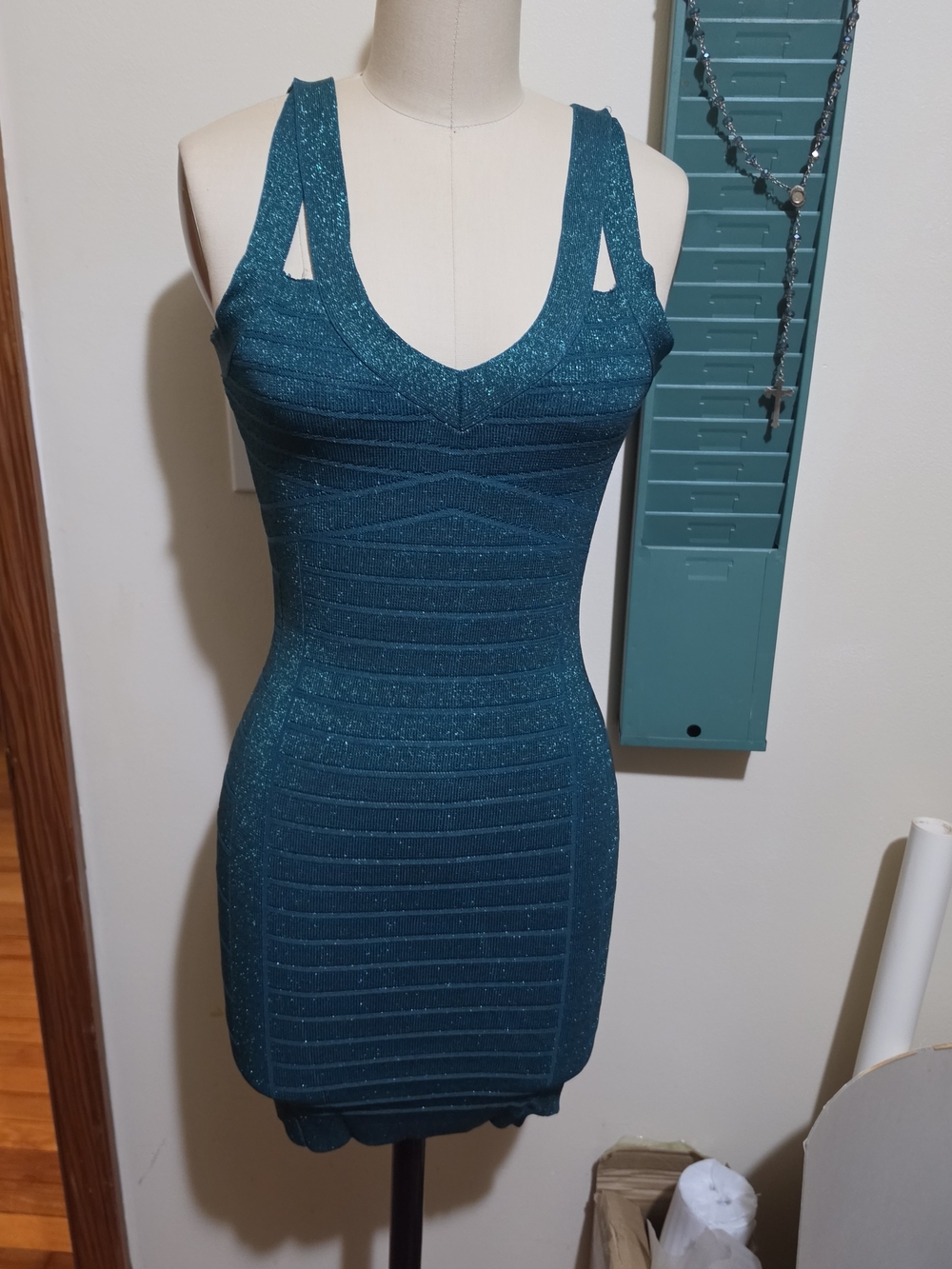 Guess Teal Glitter Bodycon Mini Dress